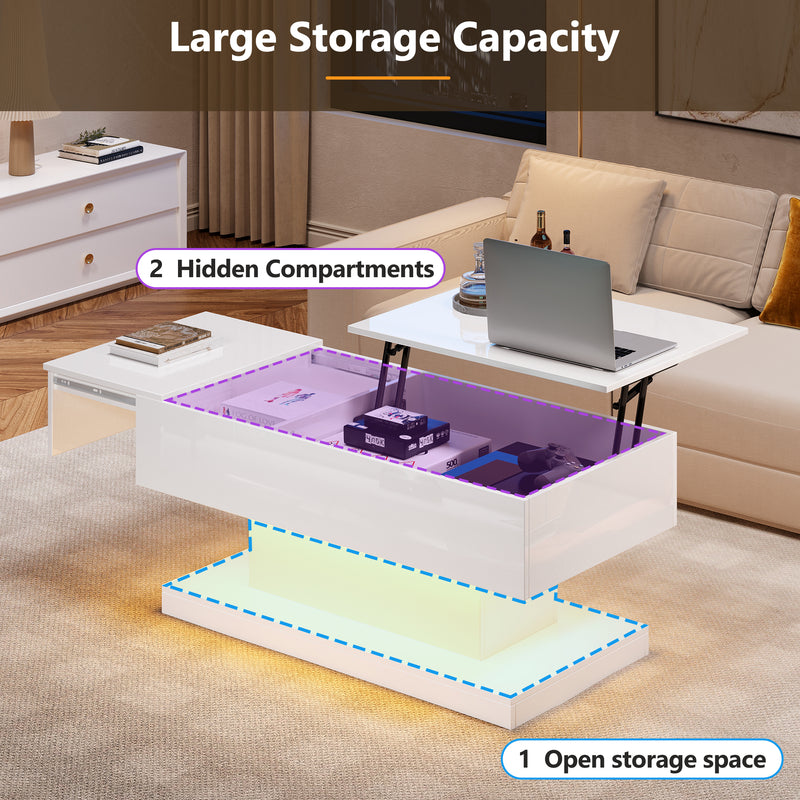 Table basse blanche relevable avec éclairage LED et 1 tiroir 100*50*45cm OIL