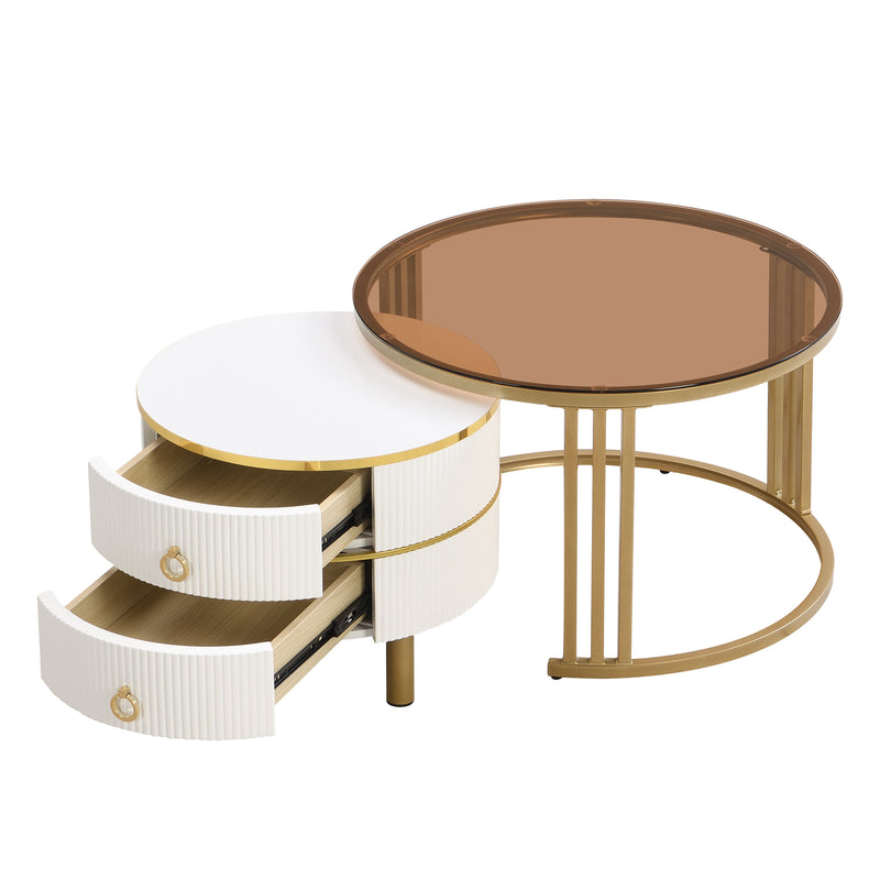 Table basse gigogne luxe blanc et doré 2 tiroirs verre teinté OLNE
