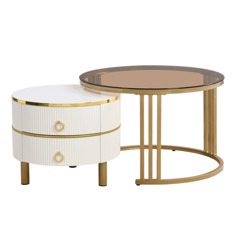 Table basse gigogne luxe blanc et doré 2 tiroirs verre teinté OLNE