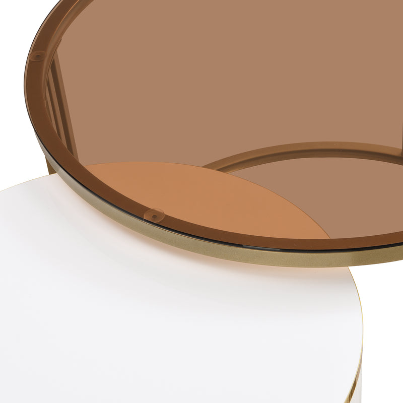 Table basse gigogne luxe blanc et doré 2 tiroirs verre teinté OLNE