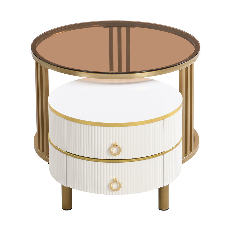 Table basse gigogne luxe blanc et doré 2 tiroirs verre teinté OLNE