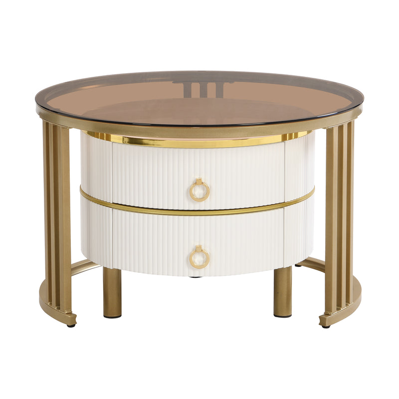 Table basse gigogne luxe blanc et doré 2 tiroirs verre teinté OLNE
