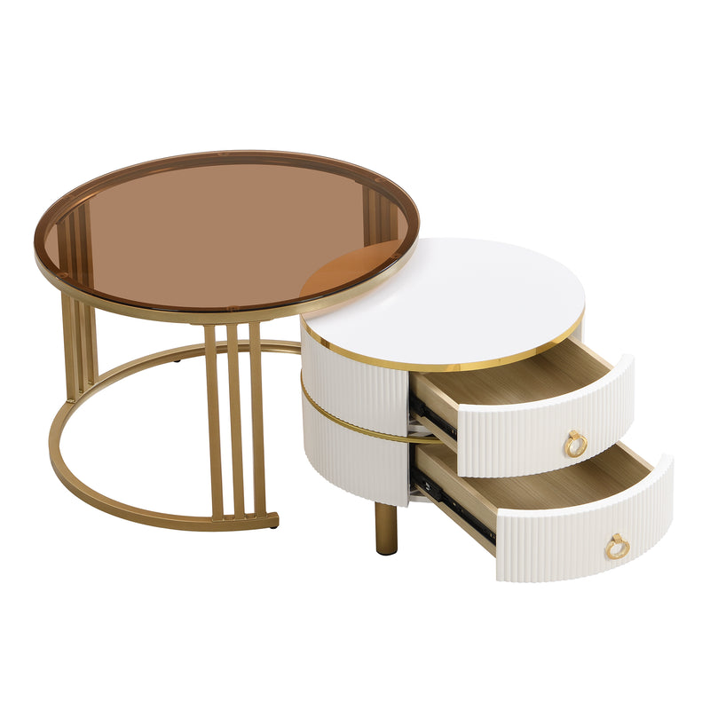 Table basse gigogne luxe blanc et doré 2 tiroirs verre teinté OLNE