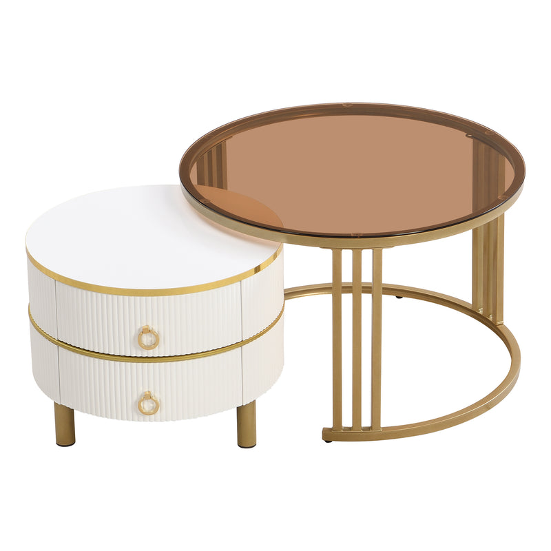 Table basse gigogne luxe blanc et doré 2 tiroirs verre teinté OLNE