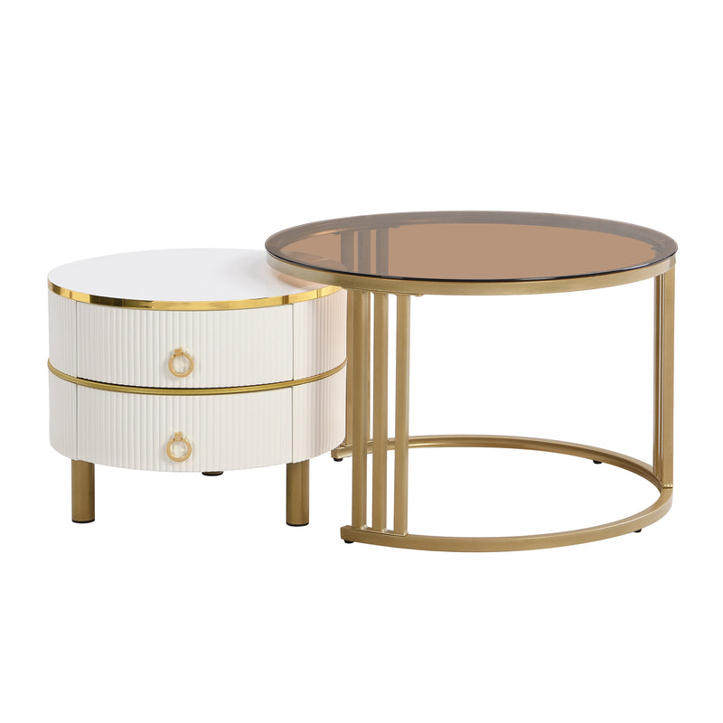 Table basse gigogne luxe blanc et doré 2 tiroirs verre teinté OLNE