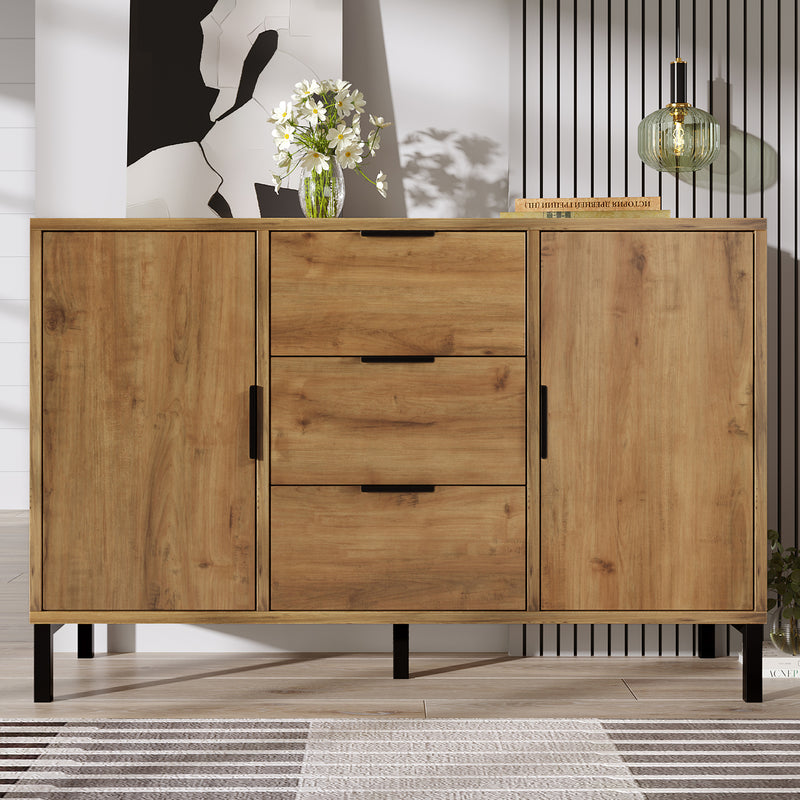 Buffet effet bois chêne foncé style industriel 2 portes 3 tiroirs 120x40x76cm OMNAERS