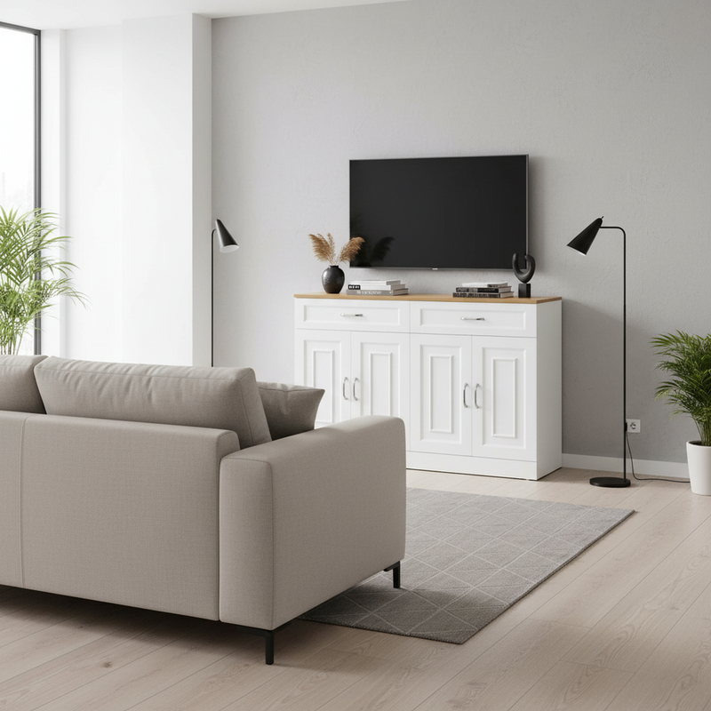 Buffet effet bois et blanc 4 portes et 2 tiroirs 120*35cm OPALPHYT