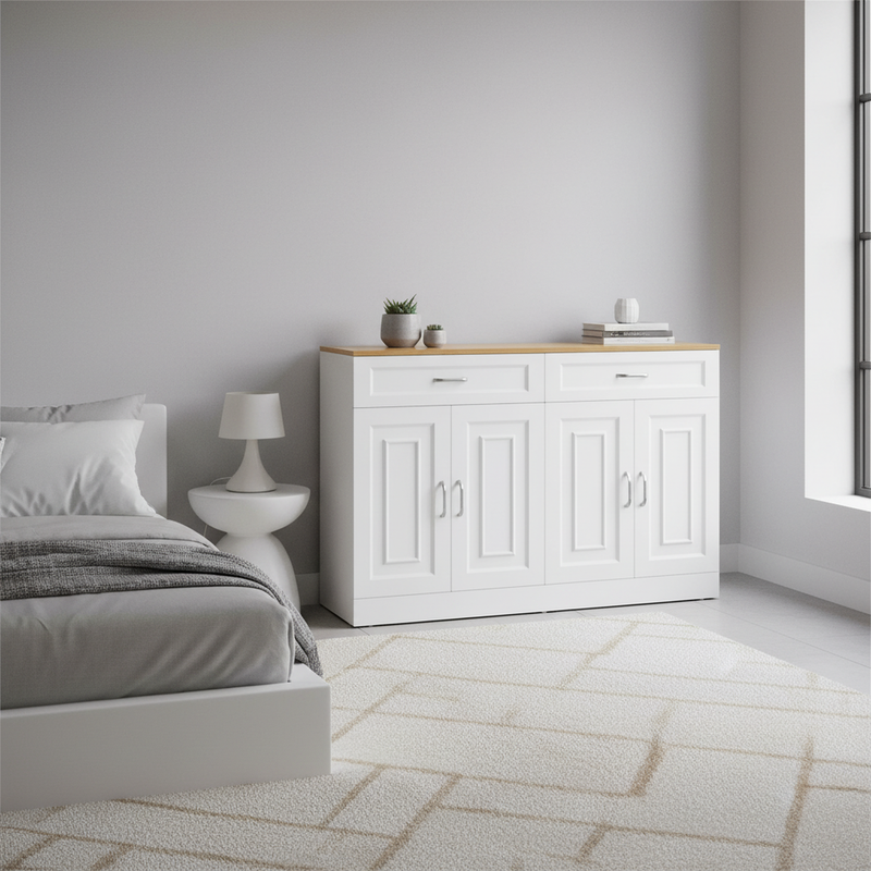 Buffet effet bois et blanc 4 portes et 2 tiroirs 120*35cm OPALPHYT