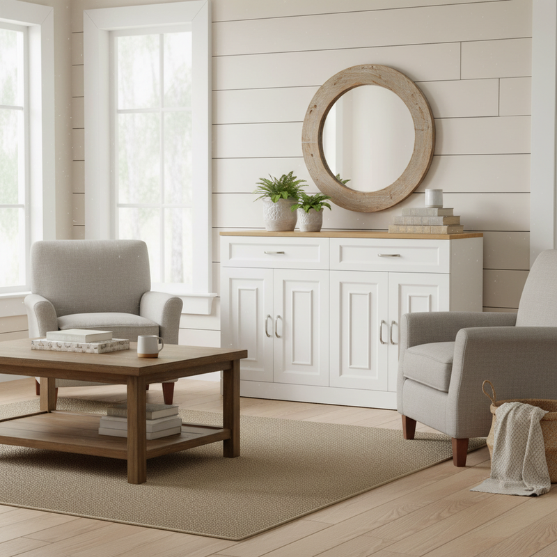 Buffet effet bois et blanc 4 portes et 2 tiroirs 120*35cm OPALPHYT