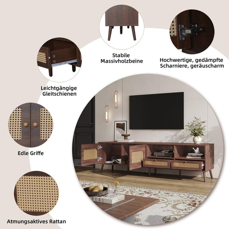 Meuble TV effet marron noyer portes en rotin 2 portes 2 tiroirs CEDARSONG