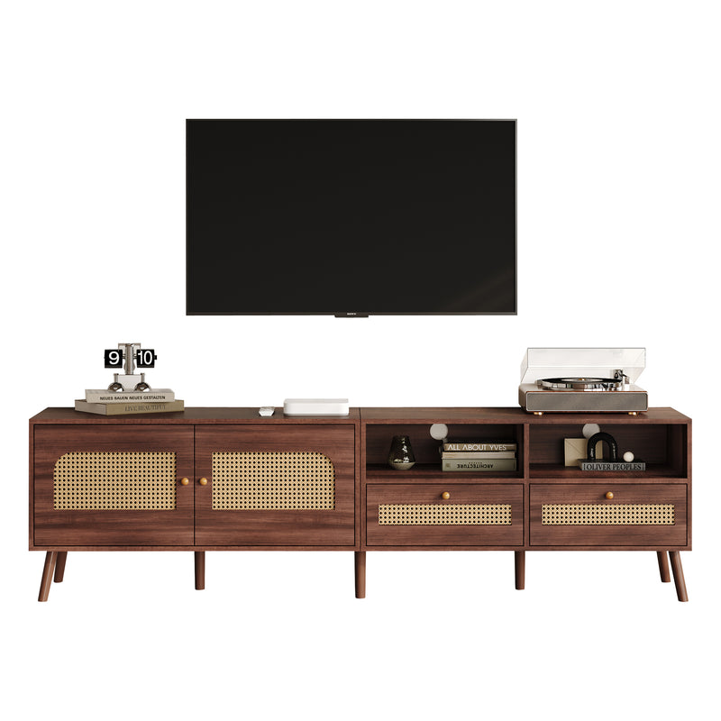 Meuble TV effet marron noyer portes en rotin 2 portes 2 tiroirs CEDARSONG