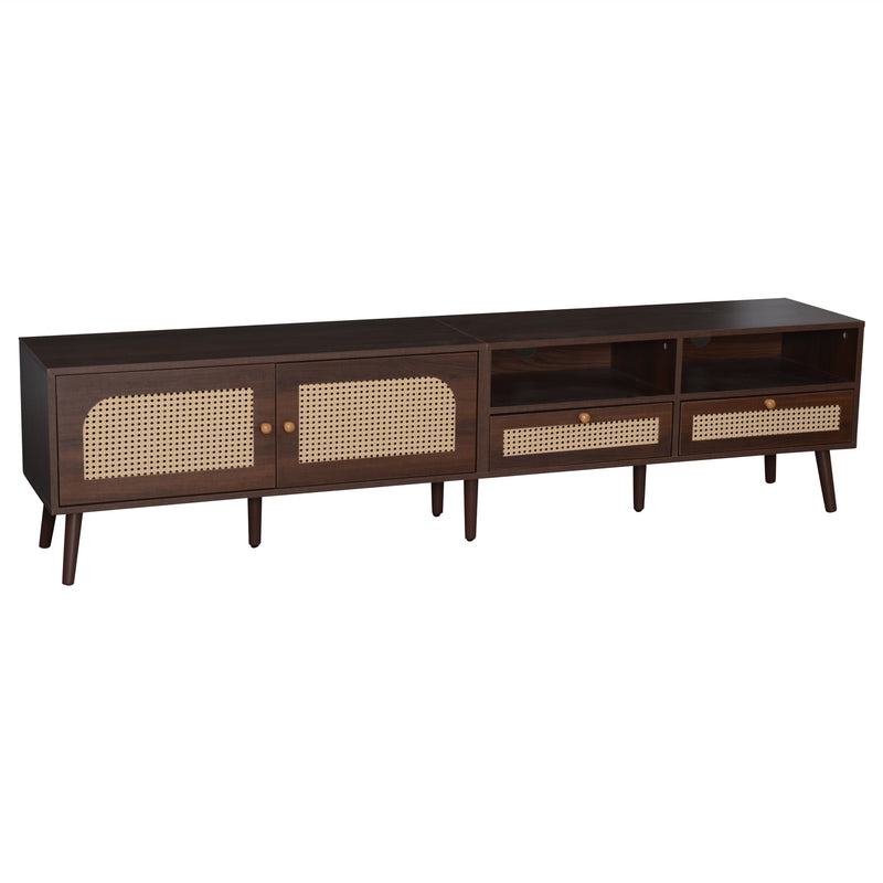 Meuble TV effet marron noyer portes en rotin 2 portes 2 tiroirs CEDARSONG