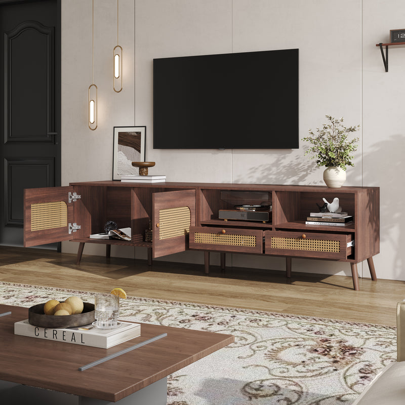 Meuble TV effet marron noyer portes en rotin 2 portes 2 tiroirs CEDARSONG