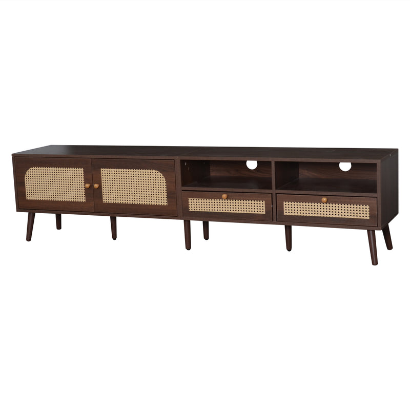 Meuble TV effet marron noyer portes en rotin 2 portes 2 tiroirs CEDARSONG