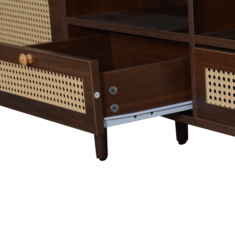 Meuble TV effet marron noyer portes en rotin 2 portes 2 tiroirs CEDARSONG