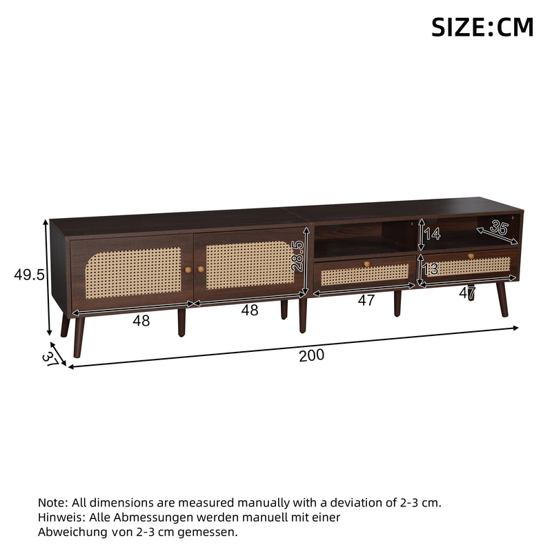 Meuble TV effet marron noyer portes en rotin 2 portes 2 tiroirs CEDARSONG