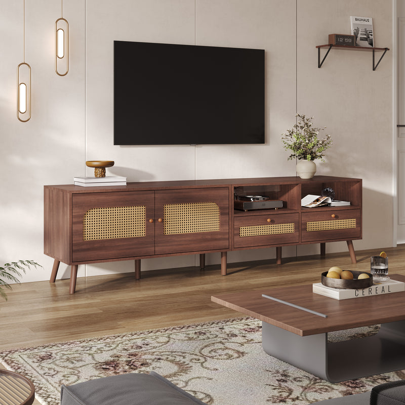 Meuble TV effet marron noyer portes en rotin 2 portes 2 tiroirs CEDARSONG