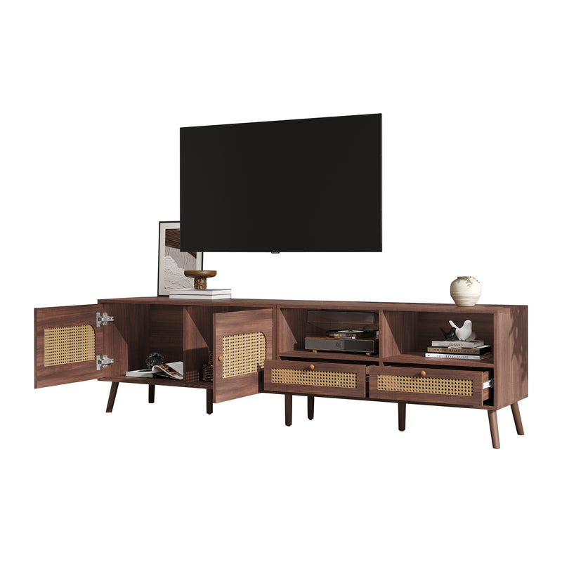Meuble TV effet marron noyer portes en rotin 2 portes 2 tiroirs CEDARSONG