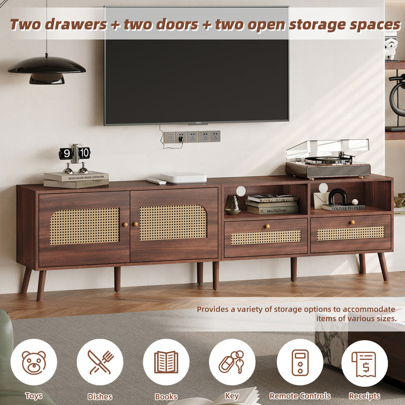 Meuble TV effet marron noyer portes en rotin 2 portes 2 tiroirs CEDARSONG