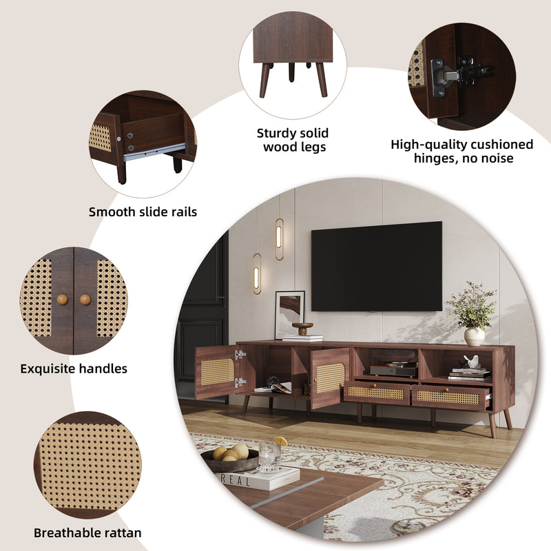 Meuble TV effet marron noyer portes en rotin 2 portes 2 tiroirs CEDARSONG