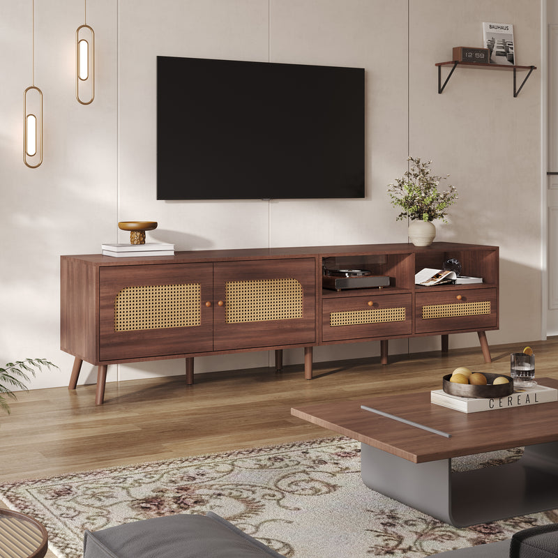 Meuble TV effet marron noyer portes en rotin 2 portes 2 tiroirs CEDARSONG