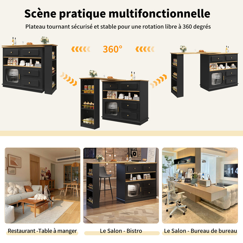 Table de bar rotative multifonctionnelle noire et effet bois avec rangement Intelligent OVEOX BLACK