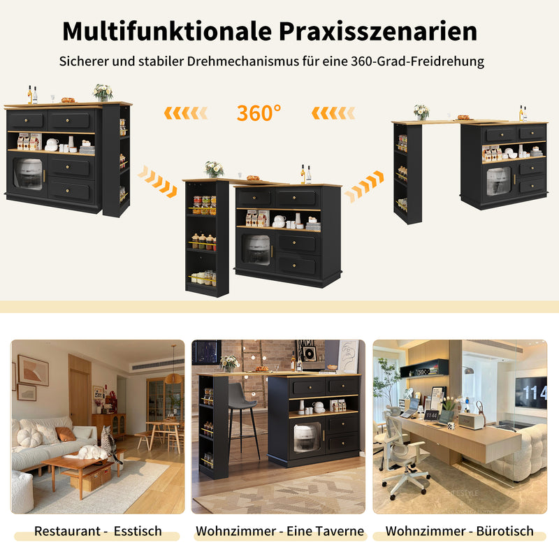 Table de bar rotative multifonctionnelle noire et effet bois avec rangement Intelligent OVEOX BLACK