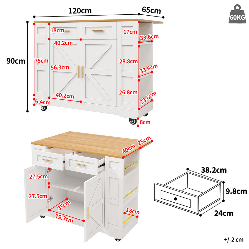 Îlot de cuisine blanc plateau pliant et rangement Intelligent OVEOX WHITE