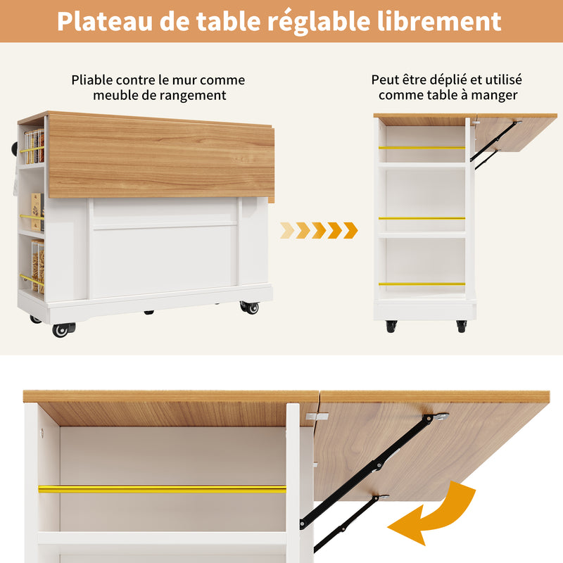 Îlot de cuisine blanc plateau pliant et rangement Intelligent OVEOX WHITE