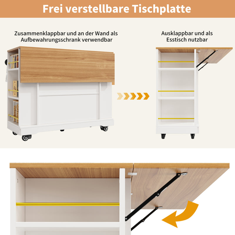 Îlot de cuisine blanc plateau pliant et rangement Intelligent OVEOX WHITE