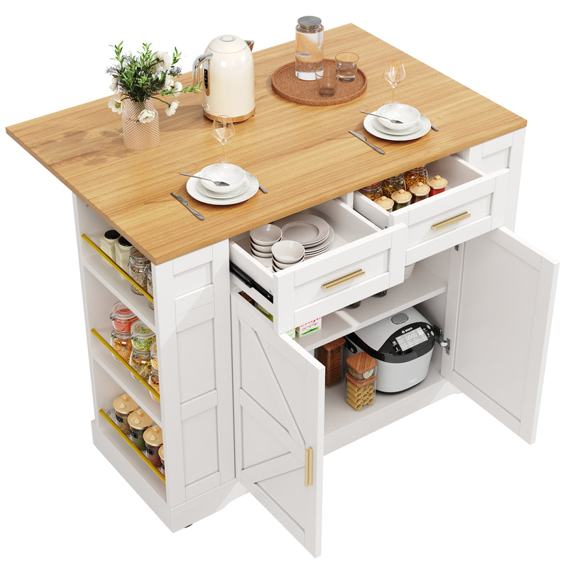 Îlot de cuisine blanc plateau pliant et rangement Intelligent OVEOX WHITE