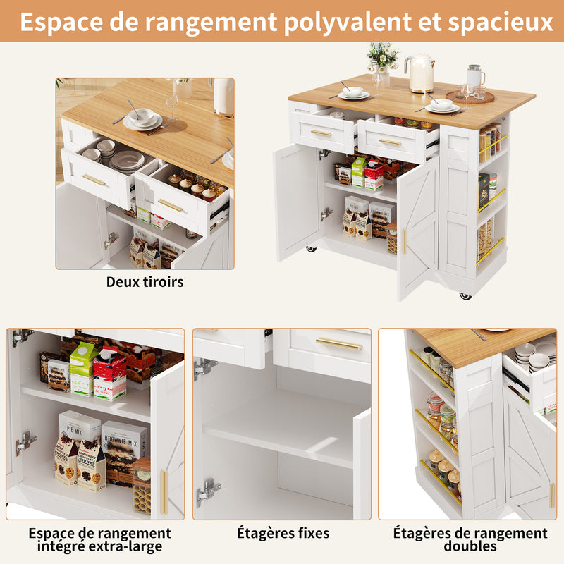 Îlot de cuisine blanc plateau pliant et rangement Intelligent OVEOX WHITE