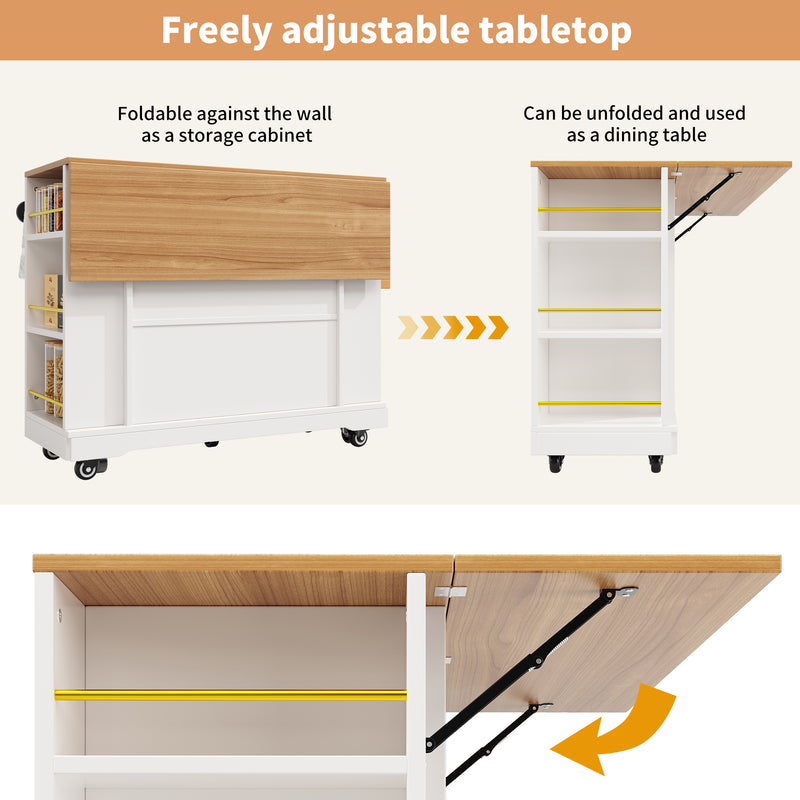 Îlot de cuisine blanc plateau pliant et rangement Intelligent OVEOX WHITE