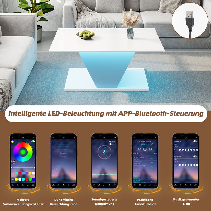 Table basse blanche brillante forme V avec éclairage LED100x50cm OVERWINTER