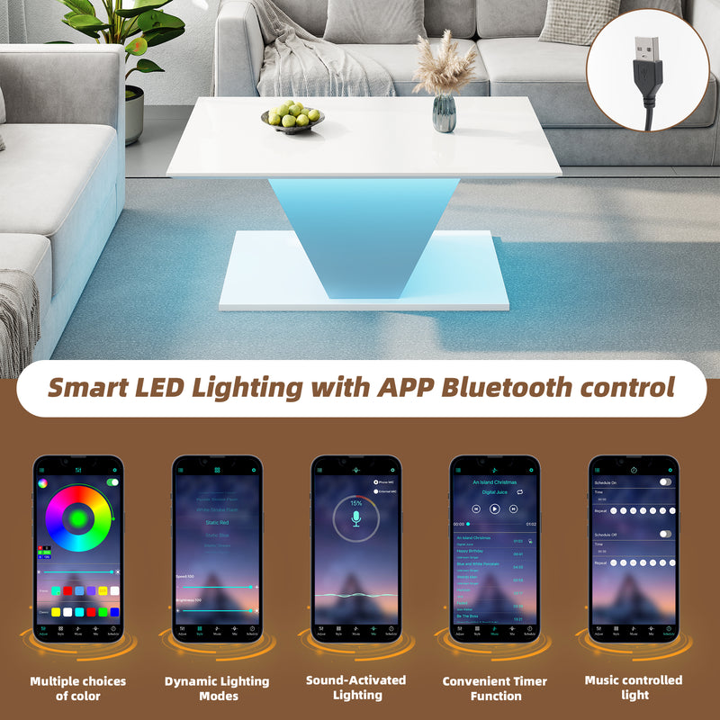 Table basse blanche brillante forme V avec éclairage LED100x50cm OVERWINTER