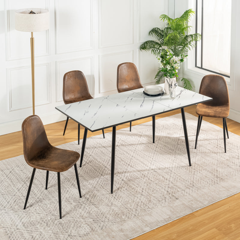 Ensemble table extensible effet marbre blanc 120-160 et 4 chaises style scandinave retro WHALEN WHITE MARBLE STRETCH TABLE BLACK LEG+CHARLTON SUEDE BROWN S FRXZ