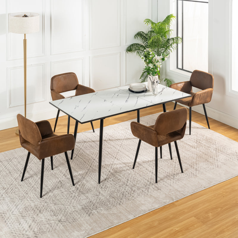 Ensemble table extensible effet marbre blanche 120-160 et 4 chaises rétro suède marron WHALEN WHITE MARBLE STRETCH TABLE BLACK LEG + MAYFAIR SUEDE BROWN*2