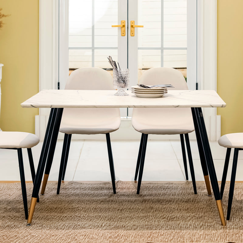 Table de salle à manger rectangulaire effet marbre blanc de style scandinave pieds points dorés 110x70cm WHALEN MARBLE TABLE