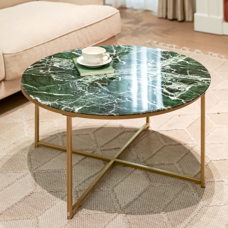 Table basse ronde verre effet marbre vert pieds dorés INMA GREEN MARBLE GOLD LEG