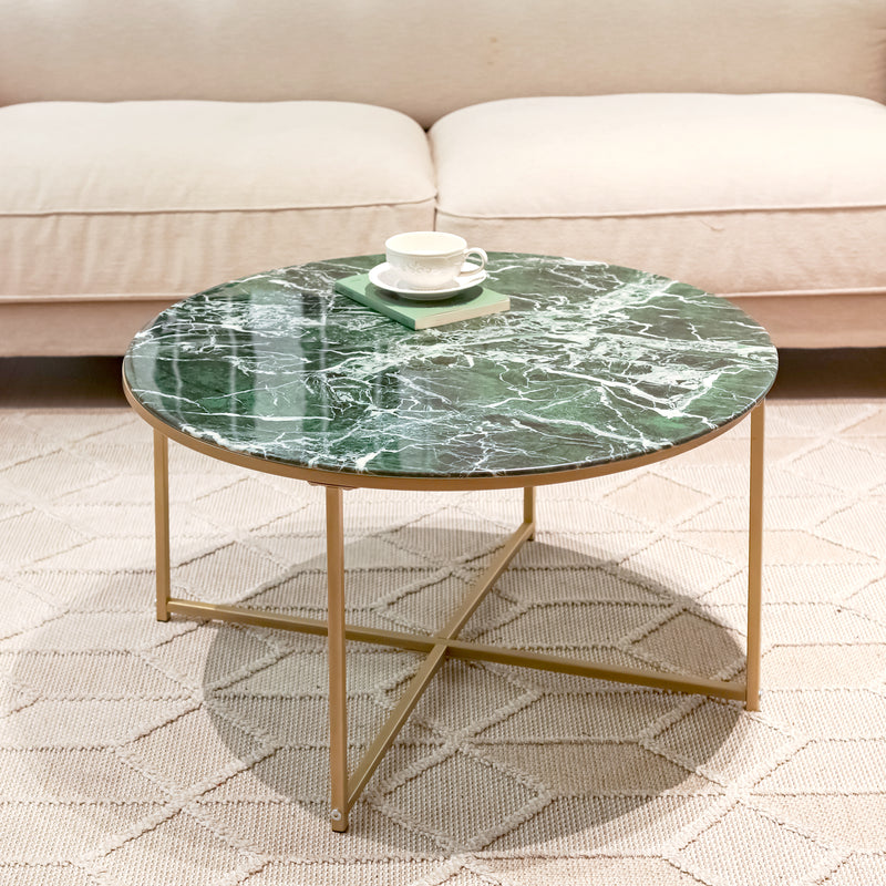 Table basse ronde verre effet marbre vert pieds dorés INMA GREEN MARBLE GOLD LEG