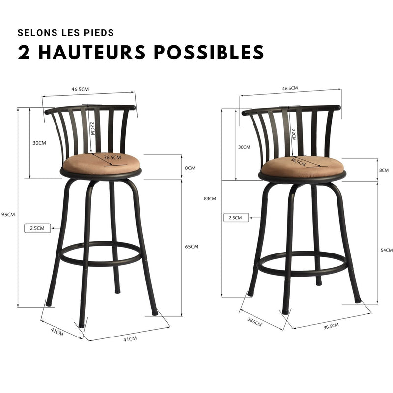 Lot de 2 tabourets de bar pivotants style bistrot marron repose pieds 2 hauteurs assises possibles 62/73cm PISTIL 29 INCH