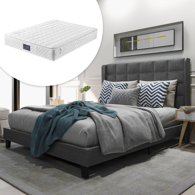 Ensemble lit double rembourré en lin gris 140x200 avec sommier à lattes et matelas à ressorts PERISTOM