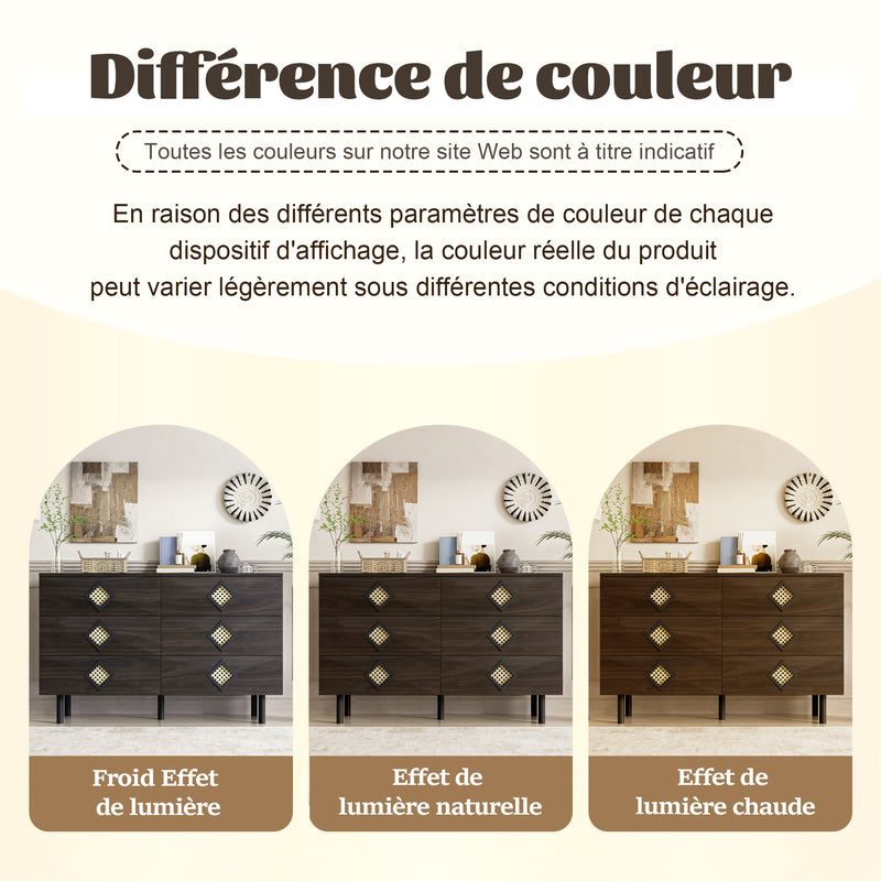 Buffet bois noyer à 6 tiroirs avec poignées en rotin et pieds en métal PETIOLAR