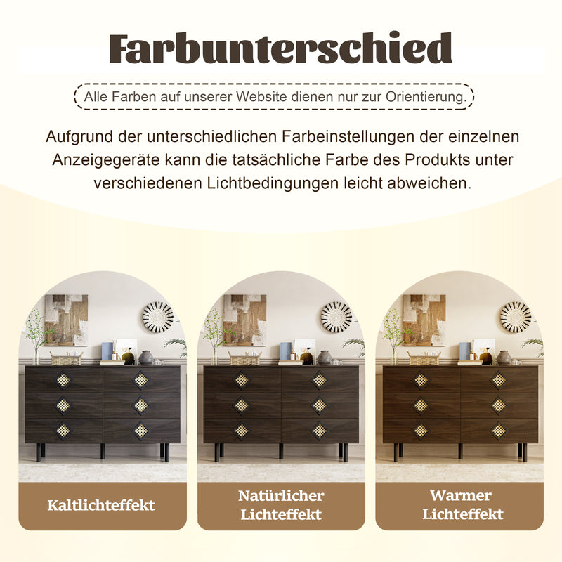 Buffet bois noyer à 6 tiroirs avec poignées en rotin et pieds en métal PETIOLAR