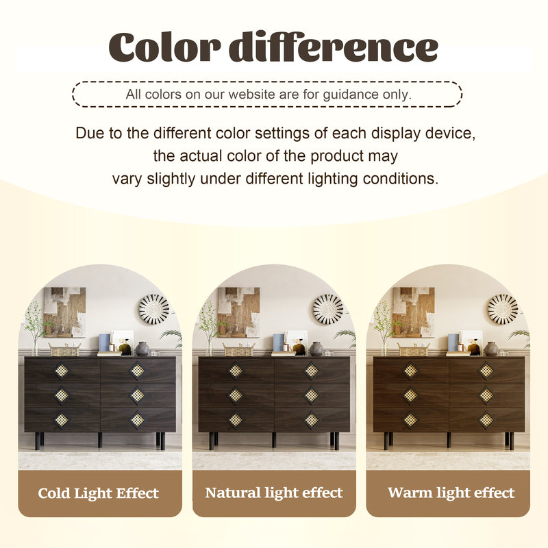 Buffet bois noyer à 6 tiroirs avec poignées en rotin et pieds en métal PETIOLAR