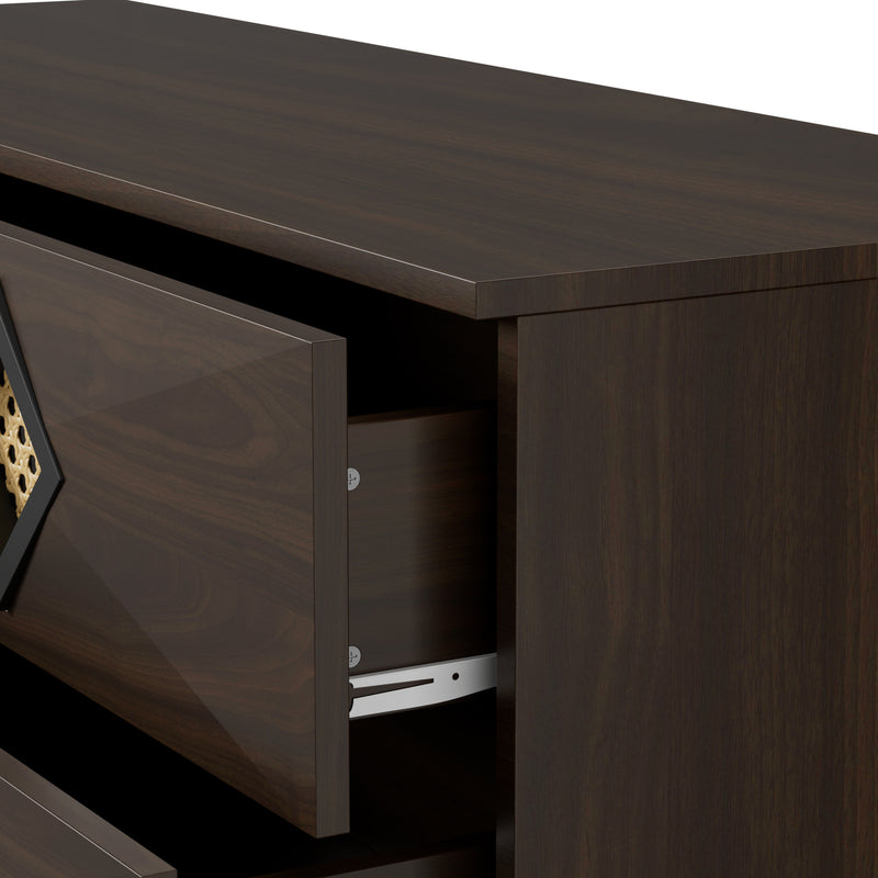 Buffet bois noyer à 6 tiroirs avec poignées en rotin et pieds en métal PETIOLAR