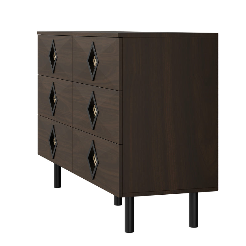 Buffet bois noyer à 6 tiroirs avec poignées en rotin et pieds en métal PETIOLAR