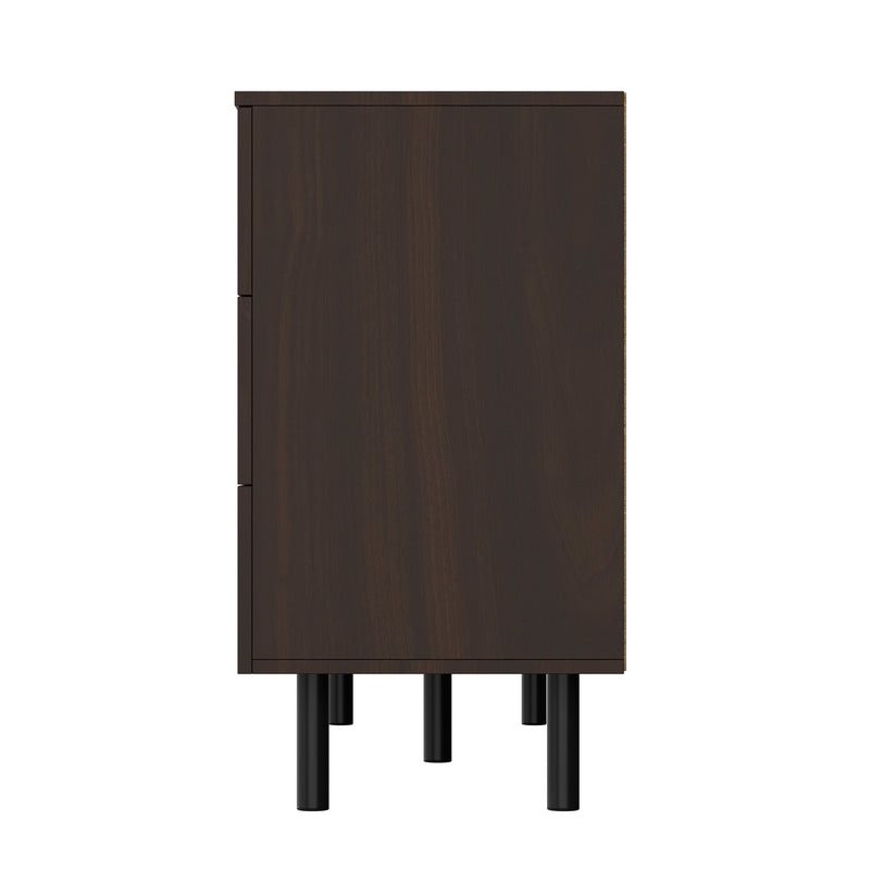 Buffet bois noyer à 6 tiroirs avec poignées en rotin et pieds en métal PETIOLAR