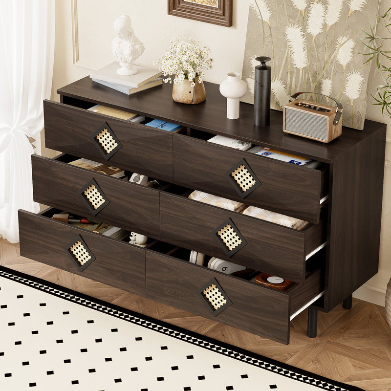 Buffet bois noyer à 6 tiroirs avec poignées en rotin et pieds en métal PETIOLAR