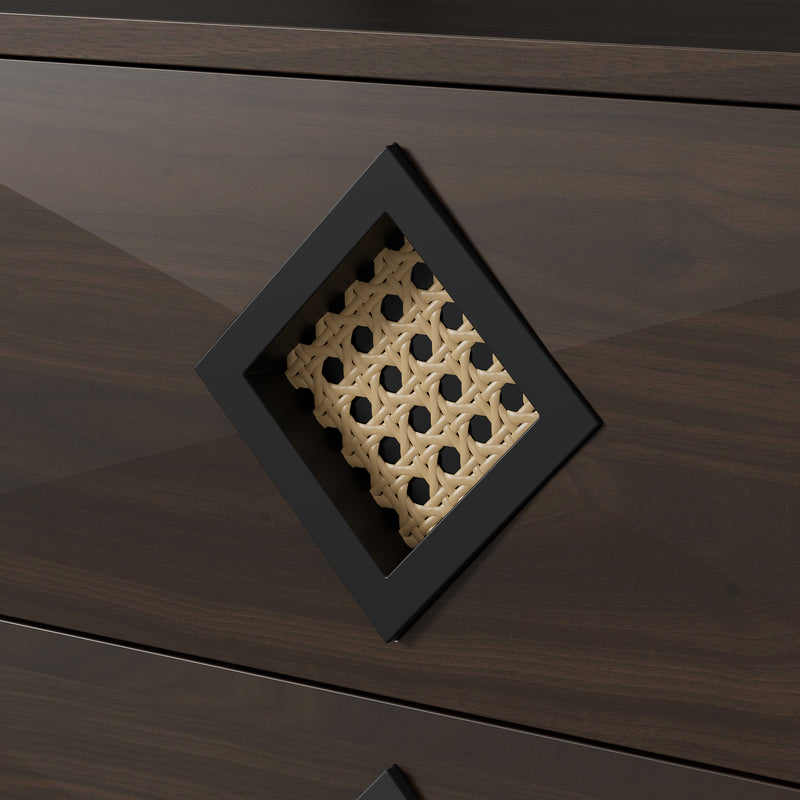 Buffet bois noyer à 6 tiroirs avec poignées en rotin et pieds en métal PETIOLAR